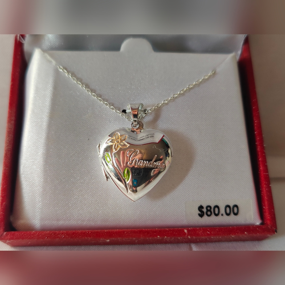 Silver Heart Grandma Locket Necklace with Gold Flower